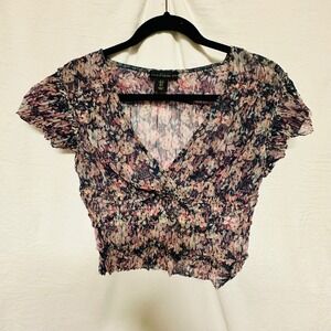 House of Harlow 1960 Top Cropped Sheer See Thru V-neck Small Metallic Design‎